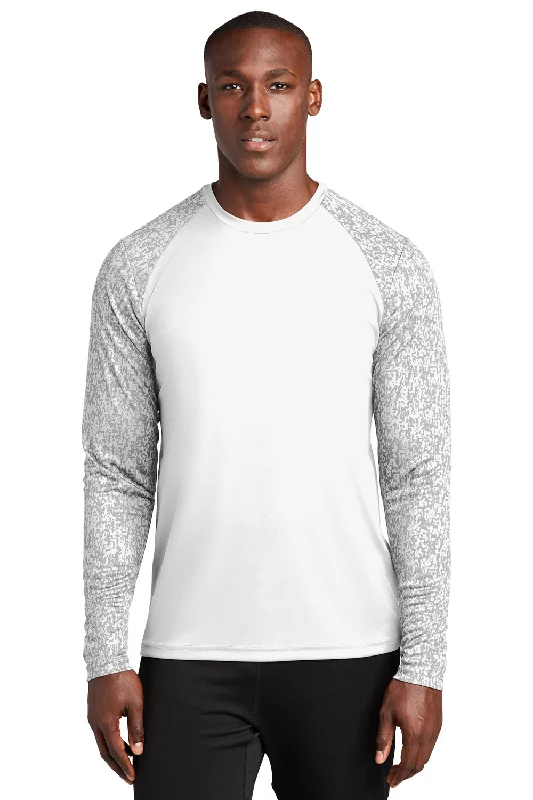 summer-ready short sleeve t-shirts for men -Sport-Tek Mens Digi Camo Moisture Wicking Long Sleeve Crewneck T-Shirt - White