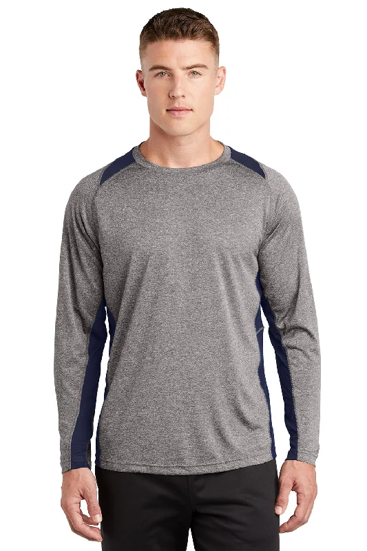 men’s classic short sleeve shirts for beach wear -Sport-Tek Mens Contender Heather Moisture Wicking Long Sleeve Crewneck T-Shirt - Heather Vintage Grey/True Navy Blue