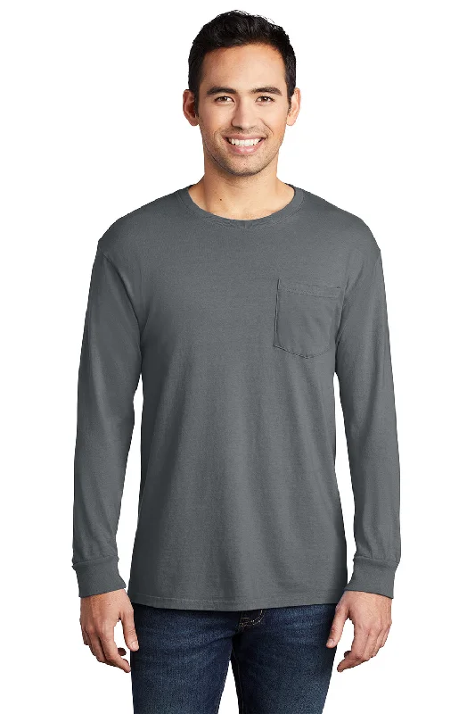 fashionable and relaxed short sleeve shirts -Port & Company Mens Beach Wash Long Sleeve Crewneck T-Shirt w/ Pocket - Pewter Grey - Closeout