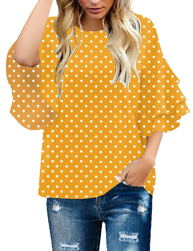 versatile and stylish short sleeve shirts for men -Yellow/White Polka Dot Women's Summer Blouse Casual Ruffle 3/4 Sleeve Tops Loose Shirts