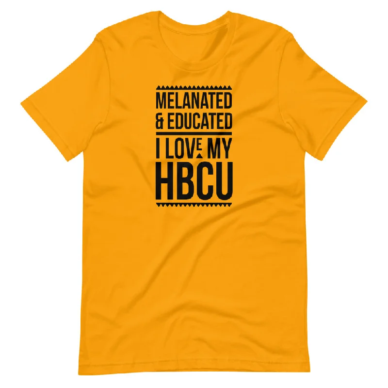 trendy casual short sleeve t-shirts -Melanated & Educated - I Love My HBCU T-Shirt (Black Text)