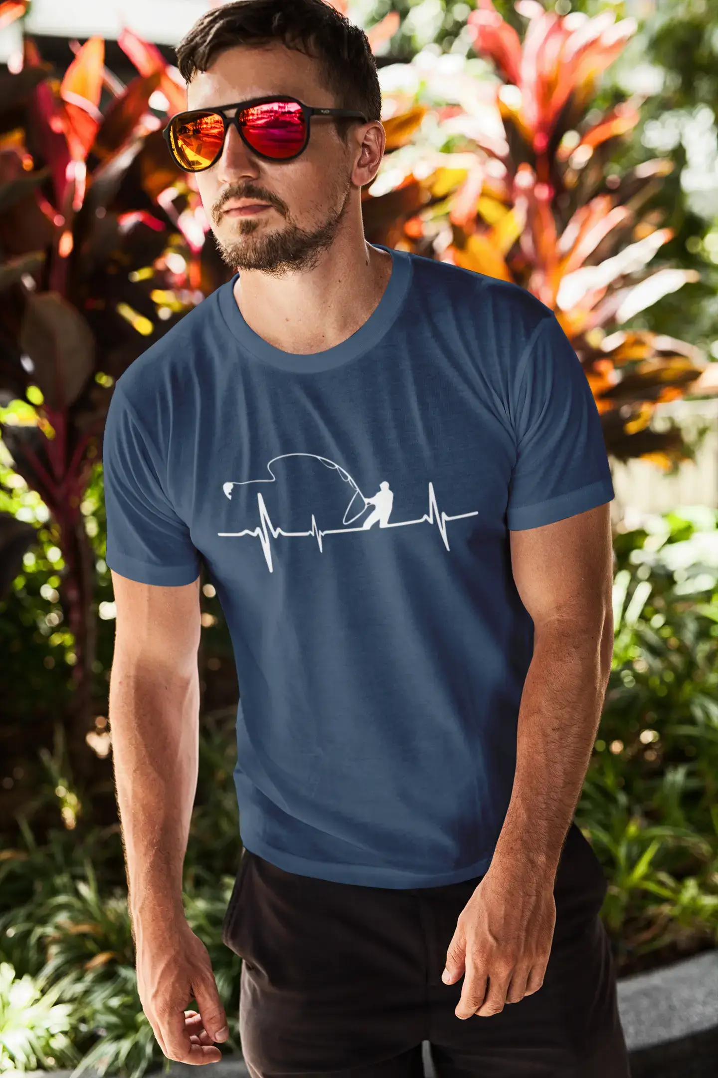 versatile and fashionable short sleeve shirts for men -ULTRABASIC - White Graphic Printed Men's Fisherman
 Heartbeat T-Shirt French Navy