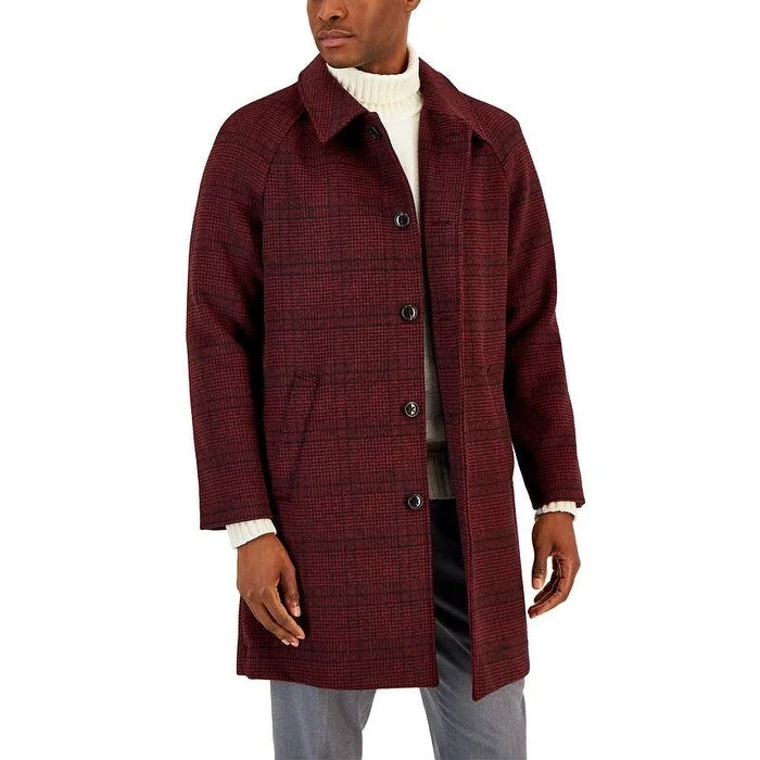 Men's worn denim jackets-Alfani Mens Balmacaan Plaid Pattern Dual Pocket Top Coat Red Size Medium