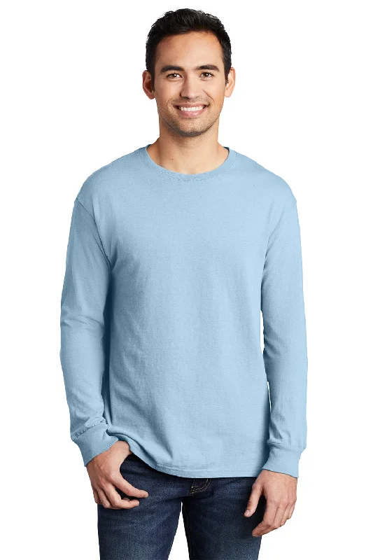 stylish printed short sleeve shirts for hot weather -Port & Company Mens Beach Wash Long Sleeve Crewneck T-Shirt - Glacier Blue