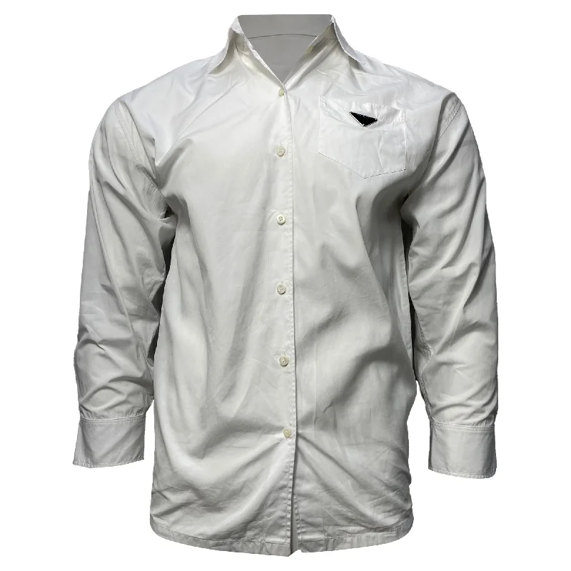 men’s casual short sleeve button shirts -Prada Logo Detail Poplin Shirt in White Cotton