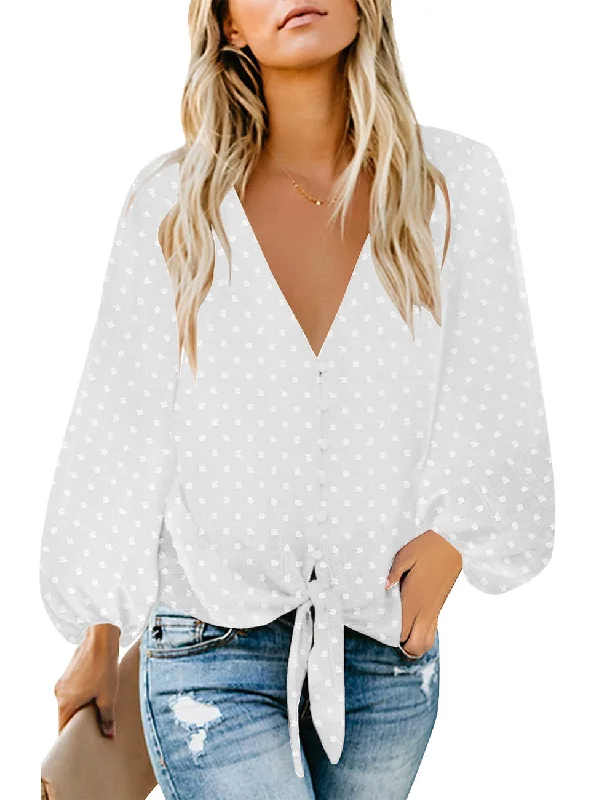 trendy short sleeve shirts for casual weekends -White Long Sleeve Button Down Tie Knot Front Pom Pom Blouse