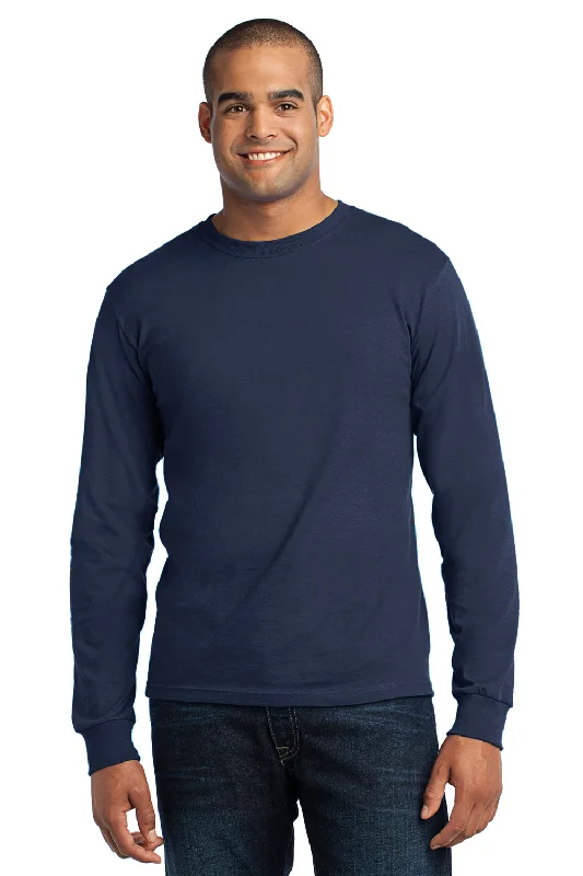 short sleeve shirts for men with minimal designs -Port & Company Mens USA Made Long Sleeve Crewneck T-Shirt - Navy Blue - Closeout