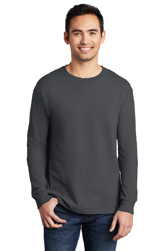 men’s classic short sleeve shirts with patterns -Port & Company Mens Beach Wash Long Sleeve Crewneck T-Shirt - Coal Grey