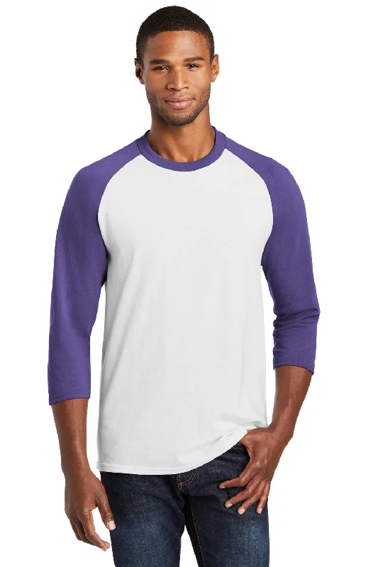 trendy short sleeve shirts for summer trips -Port & Company Mens Core Moisture Wicking 3/4 Sleeve Crewneck T-Shirt - White/Purple - Closeout