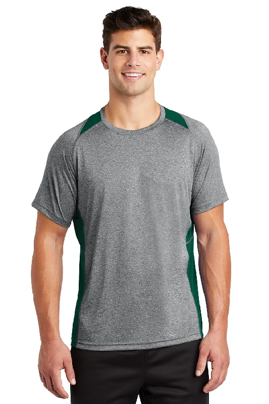 men’s printed short sleeve polo shirts for vacation -Sport-Tek Mens Contender Heather Moisture Wicking Short Sleeve Crewneck T-Shirt - Heather Vintage Grey/Forest Green