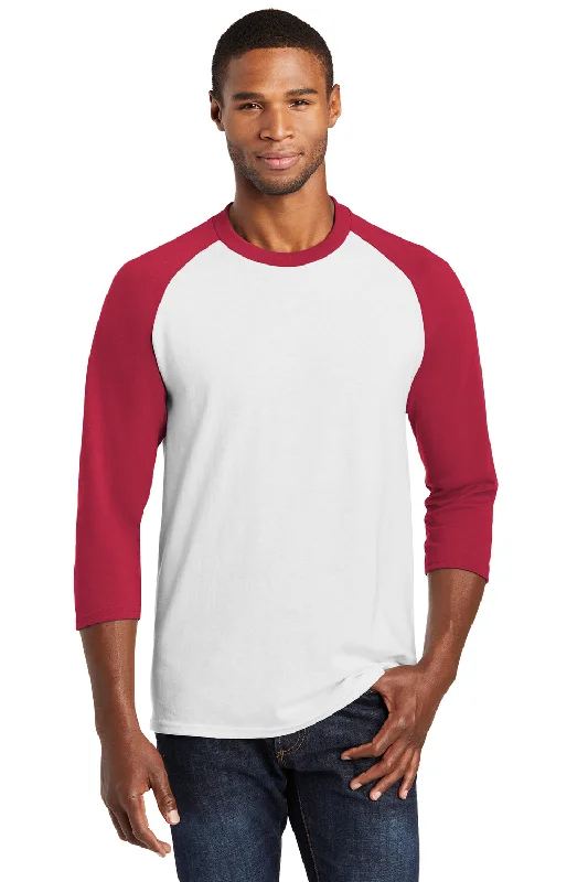 versatile short sleeve shirts for men’s casual wardrobe -Port & Company Mens Core Moisture Wicking 3/4 Sleeve Crewneck T-Shirt - White/Red