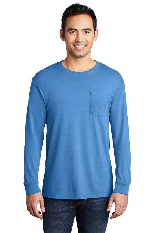 men’s stylish short sleeve shirts for work wear -Port & Company Mens Beach Wash Long Sleeve Crewneck T-Shirt w/ Pocket - Blue Moon - Closeout