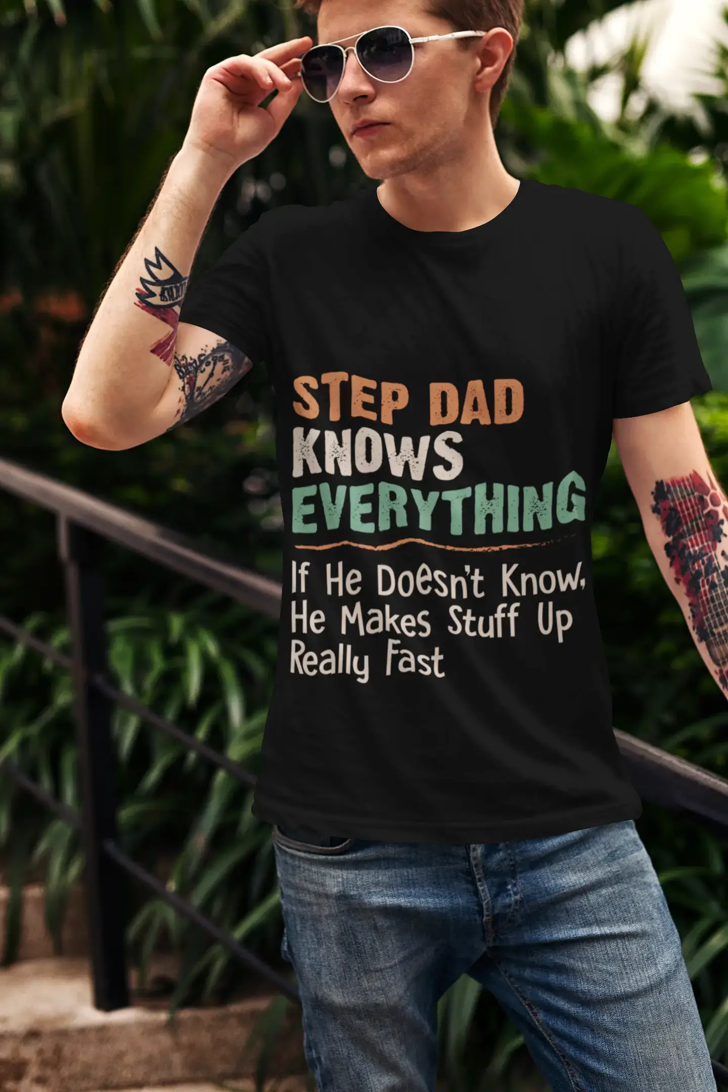 trendy and affordable short sleeve shirts for men -ULTRABASIC Men's Graphic T-Shirt Step Dad Knows Everything - Vintage Shirt