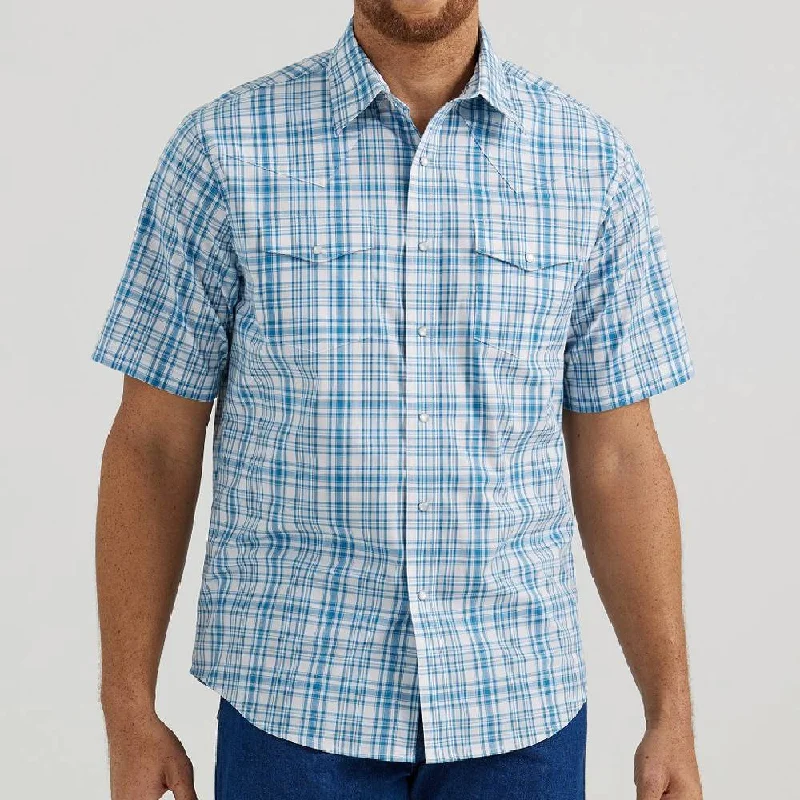 men’s lightweight short sleeve t-shirts -Wrangler Mens Wrinkle Resistant Short Sleeve - Blue/White Plaid