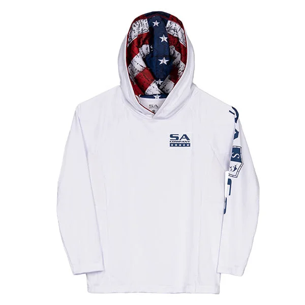 men’s stylish short sleeve shirts with logos -Kids Hooded Performance Long Sleeve Shirt | White | Inner Hood American Flag