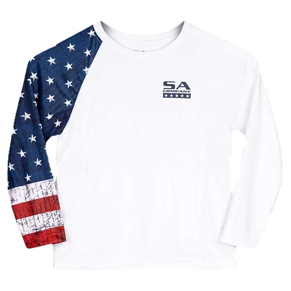 trendy short sleeve shirts for men’s vacation -Kids Performance Long Sleeve Shirt | White | American Flag PreOrder