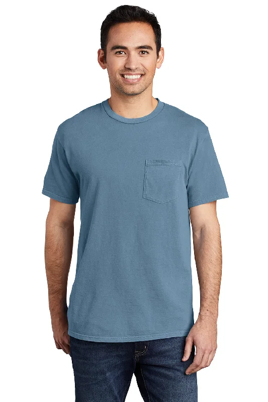 affordable men’s casual short sleeve shirts -Port & Company Mens Beach Wash Short Sleeve Crewneck T-Shirt w/ Pocket - Mist Blue - Closeout