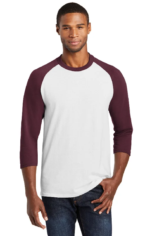 men’s casual short sleeve shirts for hot days -Port & Company Mens Core Moisture Wicking 3/4 Sleeve Crewneck T-Shirt - White/Athletic Maroon - Closeout