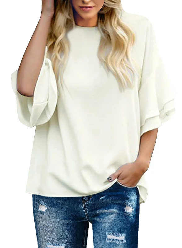 cool short sleeve shirts for summer -Brilliant White Women's Summer Blouse Casual Ruffle 3/4 Sleeve Tops Loose Shirts