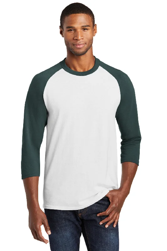 short sleeve shirts with unique designs for men -Port & Company Mens Core Moisture Wicking 3/4 Sleeve Crewneck T-Shirt - White/Dark Green - Closeout