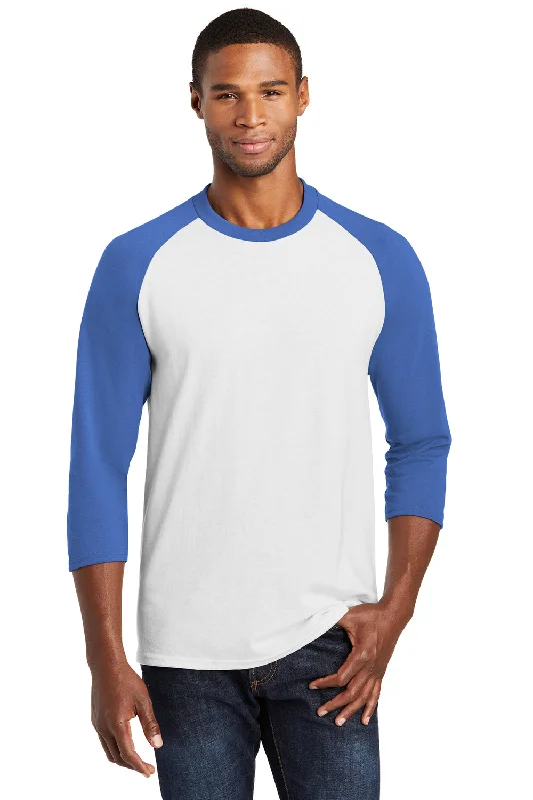 stylish short sleeve shirts with modern cuts -Port & Company Mens Core Moisture Wicking 3/4 Sleeve Crewneck T-Shirt - White/Royal Blue