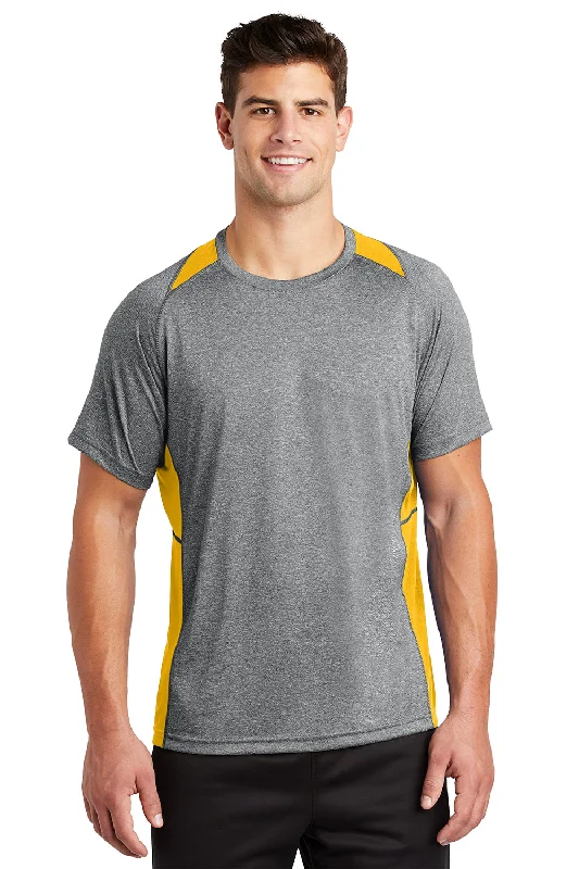 men’s classic short sleeve shirts with patterns -Sport-Tek Mens Contender Heather Moisture Wicking Short Sleeve Crewneck T-Shirt - Heather Vintage Grey/Gold