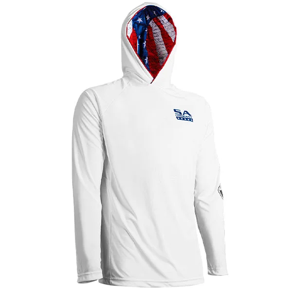 men’s short sleeve polo shirts with designs -Hooded Performance Long Sleeve Shirt | White | Inner Hood American Flag PreOrder