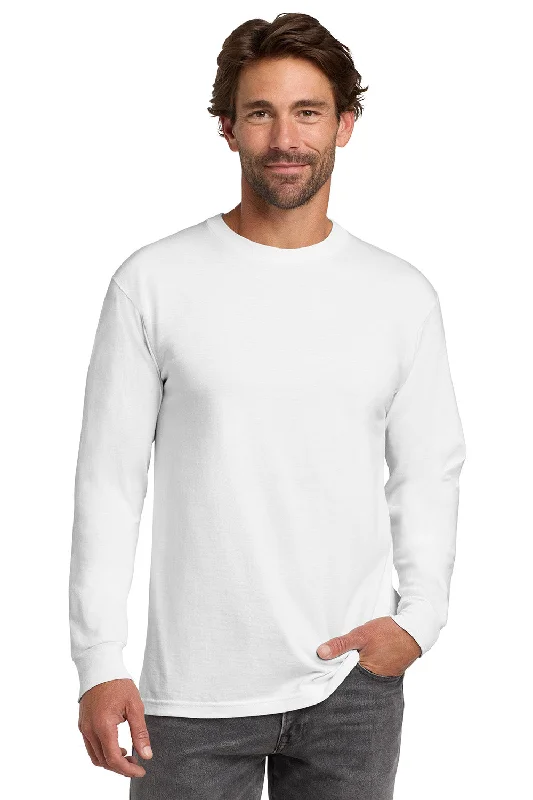 men’s cotton short sleeve shirts for casual wear -Hanes Mens Beefy-T Long Sleeve Crewneck T-Shirt - White