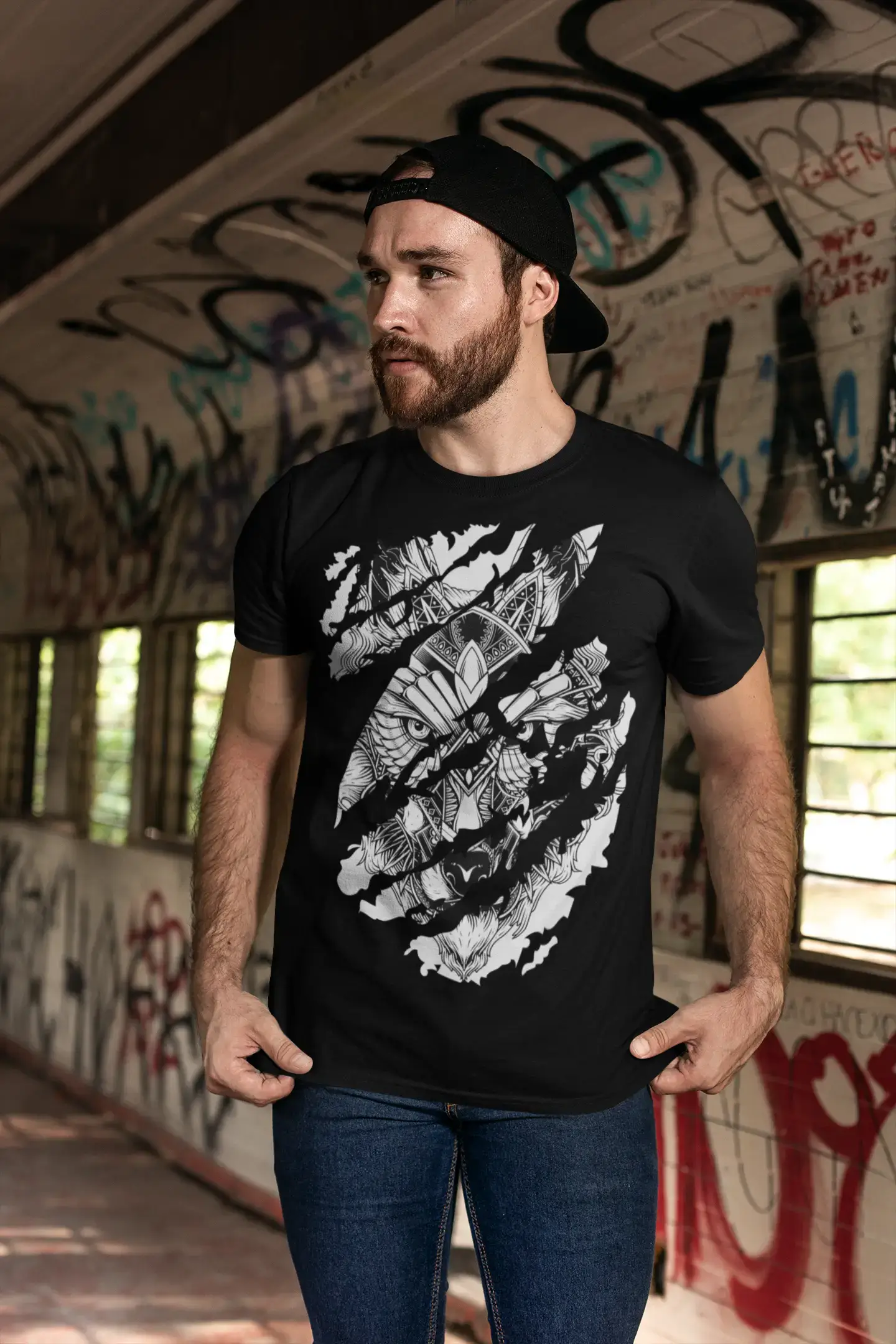 men’s short sleeve shirts with elegant designs -ULTRABASIC Men's Torn T-Shirt Warrior Wolf - Funny Shirt for Men