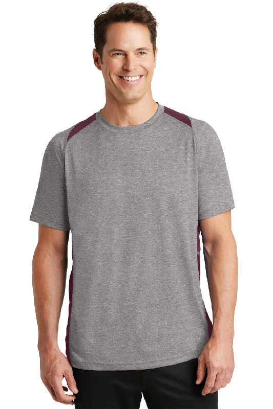 stylish printed short sleeve shirts for hot weather -Sport-Tek Mens Contender Heather Moisture Wicking Short Sleeve Crewneck T-Shirt - Heather Vintage Grey/Maroon - Closeout