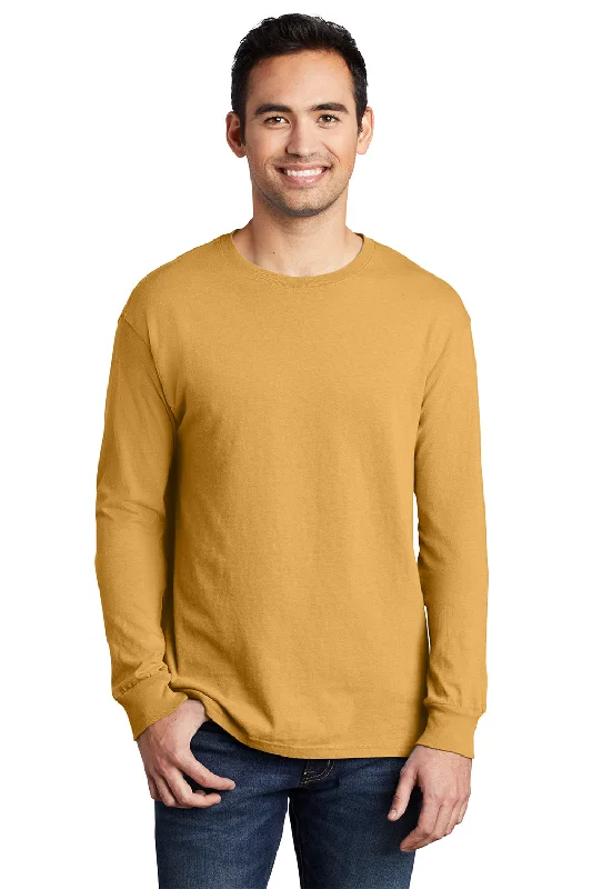 comfortable and cool short sleeve polo shirts -Port & Company Mens Beach Wash Long Sleeve Crewneck T-Shirt - Dijon Yellow