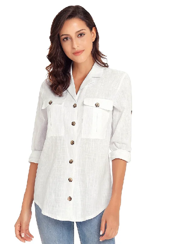 cool short sleeve shirts for summer parties -White Long Cuffed Sleeves Lapel Button-Up Blouse