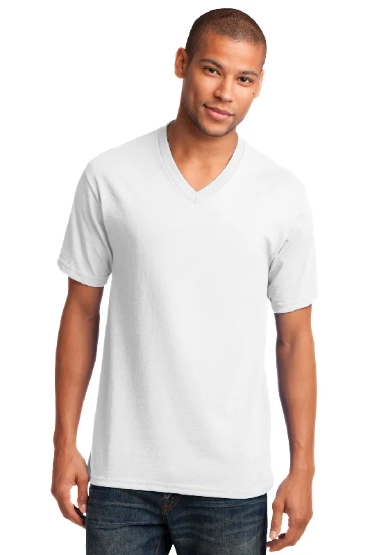 breathable short sleeve shirts with bold designs -Port & Company Mens Core Short Sleeve V-Neck T-Shirt - White