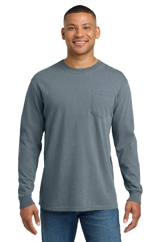 men’s classic short sleeve shirts for hot summer days -Comfort Colors Mens Long Sleeve Crewneck T-Shirt w/ Pocket - Granite Grey