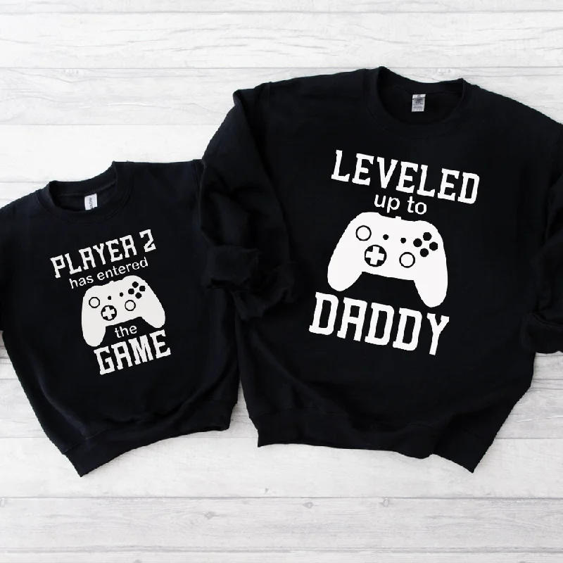 men’s tropical print short sleeve polo shirts -Leveled Up Daddy/Player 2 Matching Dad & kid Black Sweatshirt