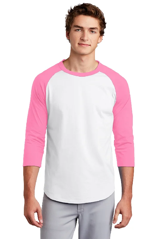 best short sleeve t-shirts for men’s fitness wear -Sport-Tek Mens 3/4 Sleeve Crewneck T-Shirt - White/Bright Pink