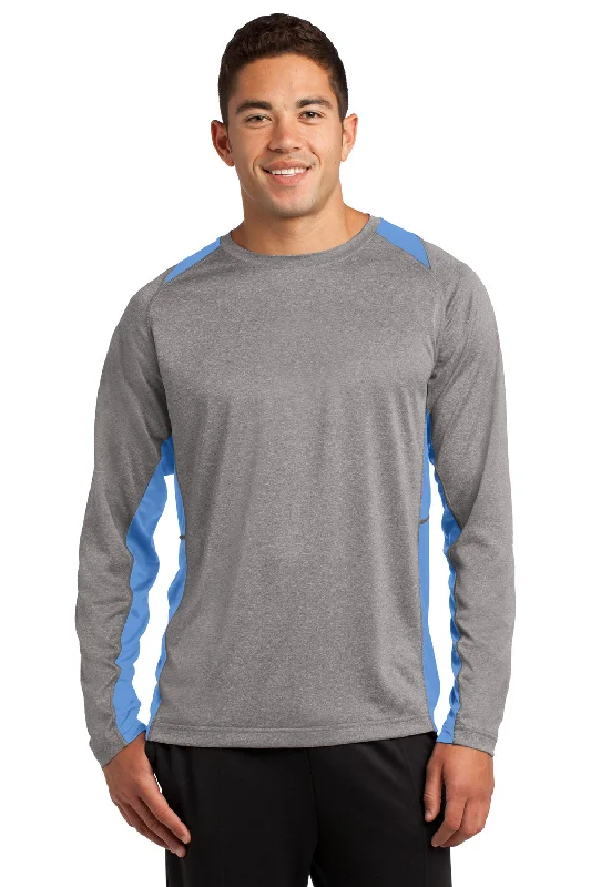 high-quality short sleeve shirts for men’s office wear -Sport-Tek Mens Contender Heather Moisture Wicking Long Sleeve Crewneck T-Shirt - Heather Vintage Grey/Carolina Blue - Closeout