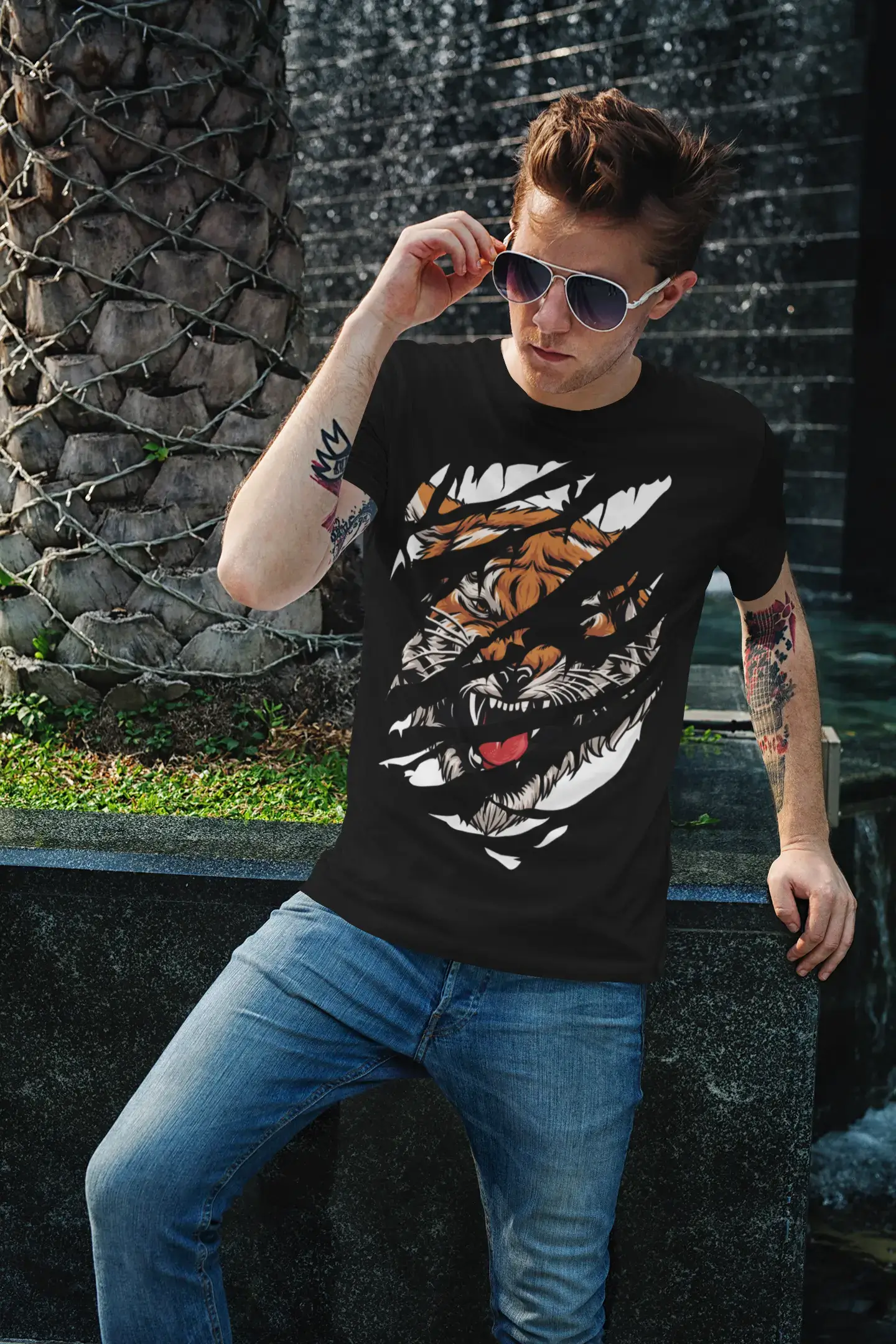 best-selling short sleeve shirts for men -ULTRABASIC Men's Torn T-Shirt Angry Tiger Face - Short Sleeve Shirt for Men