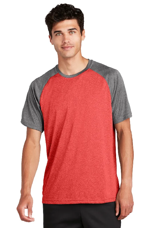 cool short sleeve polo shirts for men -Sport-Tek Mens Contender Heather Moisture Wicking Short Sleeve Crewneck T-Shirt - Heather Scarlet Red/Heather Graphite Grey - Closeout