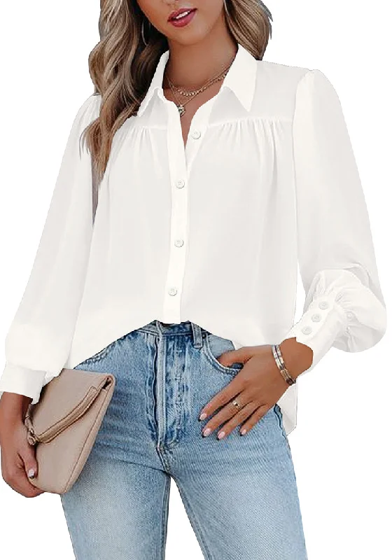 comfortable short sleeve shirts for summer trips -White Lantern Sleeves Button-Down Pleated Chiffon Top