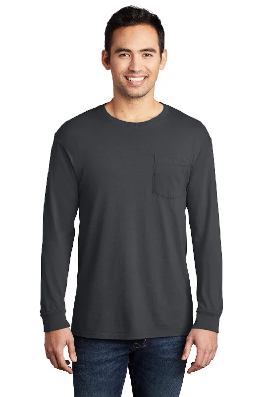 best short sleeve shirts for men’s wardrobe -Port & Company Mens Beach Wash Long Sleeve Crewneck T-Shirt w/ Pocket - Coal Grey - Closeout