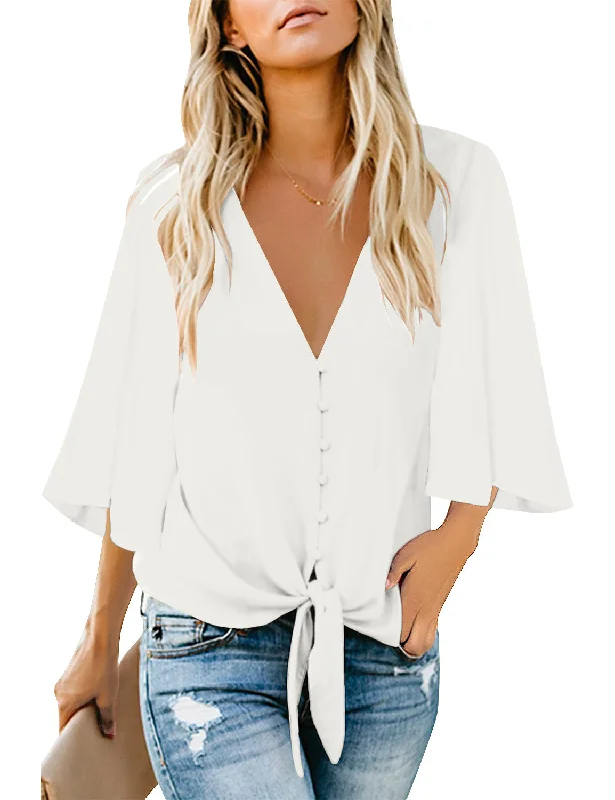 casual short sleeve shirts with modern designs -White Women's V Neck Button Down Shirts 3/4 Bell Sleeve Tie Knot Blouse