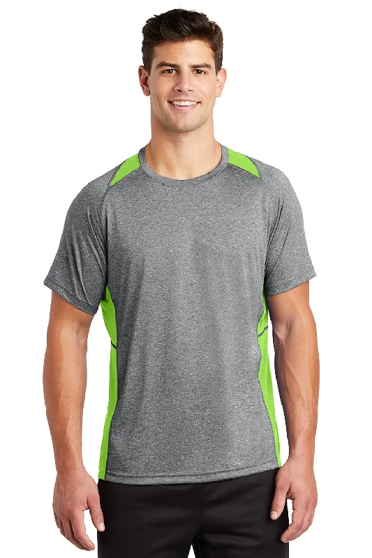 best short sleeve shirts for men’s fashion -Sport-Tek Mens Contender Heather Moisture Wicking Short Sleeve Crewneck T-Shirt - Heather Vintage Grey/Lime Shock Green