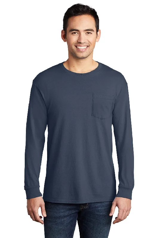 men’s slim-fit short sleeve shirts for casual wear -Port & Company Mens Beach Wash Long Sleeve Crewneck T-Shirt w/ Pocket - Denim Blue - Closeout