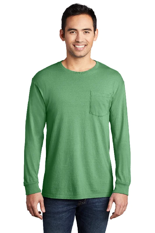 comfortable short sleeve t-shirts for weekend trips -Port & Company Mens Beach Wash Long Sleeve Crewneck T-Shirt w/ Pocket - Safari Green - Closeout