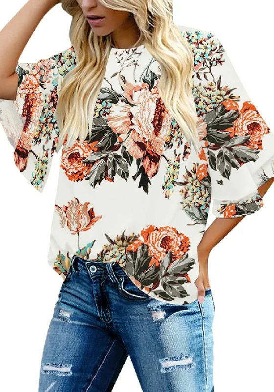 short sleeve polo t-shirts for casual wear -Floral Pirnt Brilliant White Women's Summer Blouse Casual Ruffle 3/4 Sleeve Tops Loose Shirts