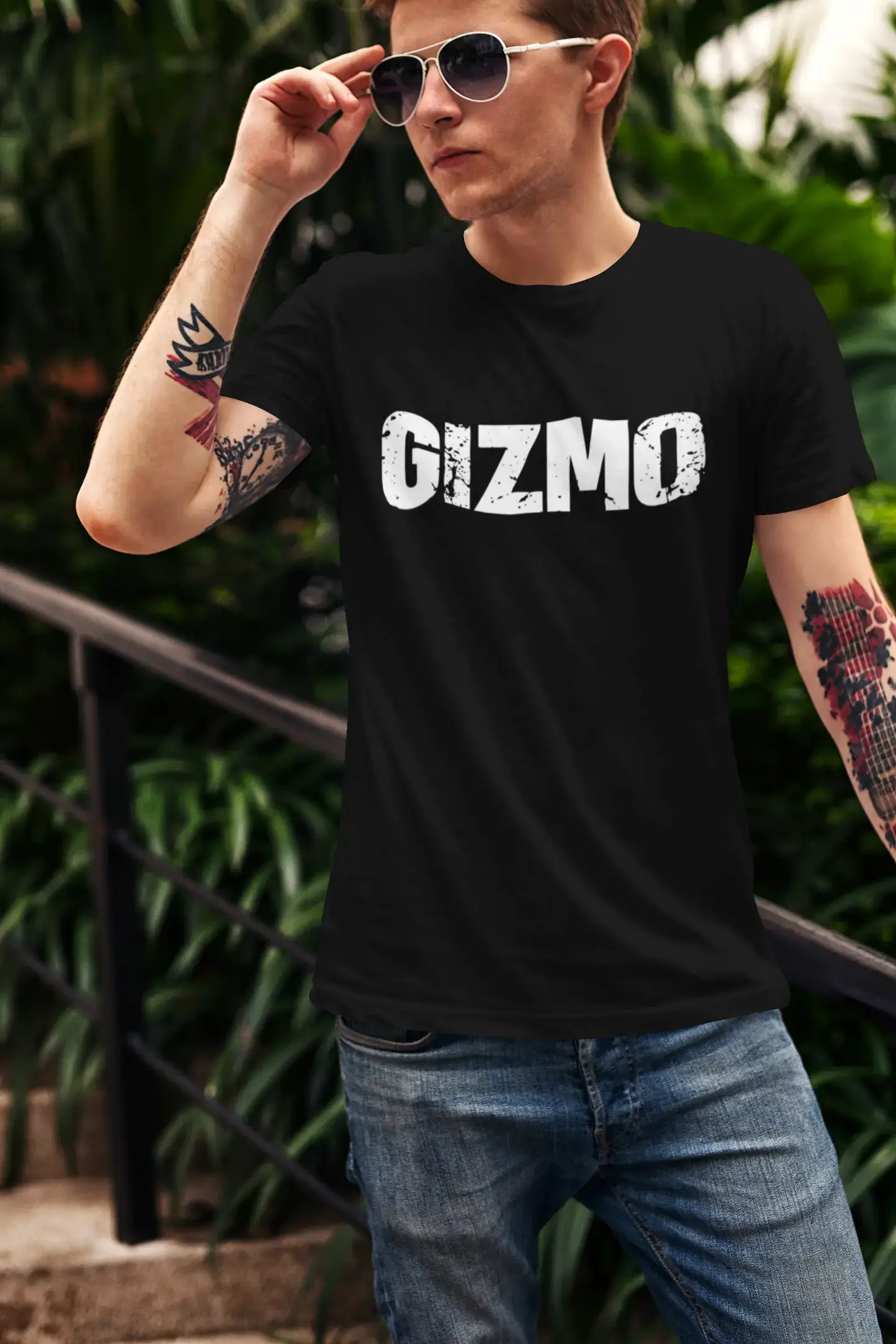 men’s printed short sleeve shirts with logos -gizmo Men's Short Sleeve Round Neck T-shirt , 5 letters Black , word 00006