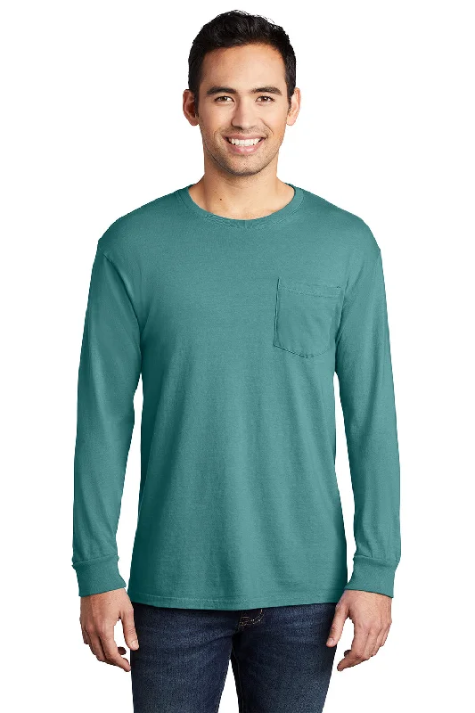 stylish and lightweight short sleeve shirts for men -Port & Company Mens Beach Wash Long Sleeve Crewneck T-Shirt w/ Pocket - Peacock Green - Closeout