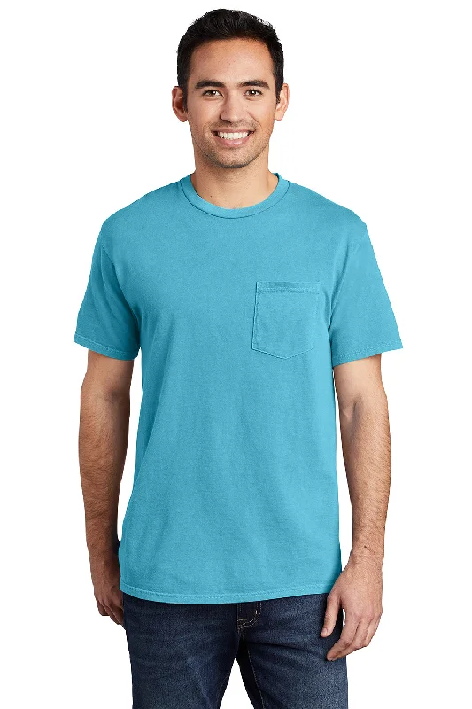 men’s casual short sleeve tees with patterns -Port & Company Mens Beach Wash Short Sleeve Crewneck T-Shirt w/ Pocket - Tidal Wave Blue - Closeout