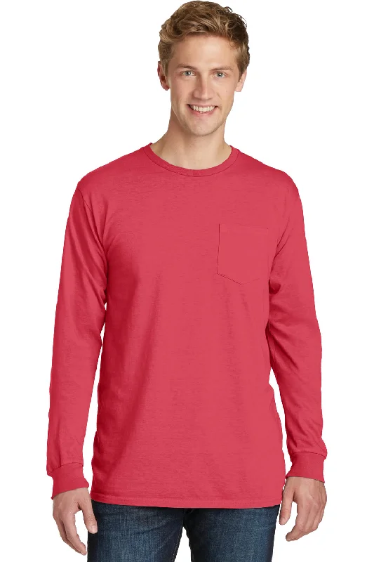 breathable short sleeve shirts for outdoor sports -Port & Company Mens Beach Wash Long Sleeve Crewneck T-Shirt w/ Pocket - Poppy Red - Closeout